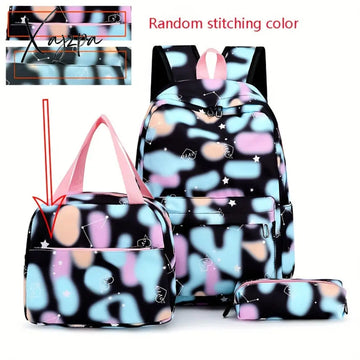 Vibrant Tie Dye Cartoon Pattern Backpack - Spacious School Bag With Insulated Lunch Box Pencil Case